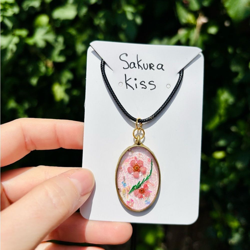 Sakura Kiss Necklace 🌸 Oval Resin Pendant with Cherry Blossoms Handmade